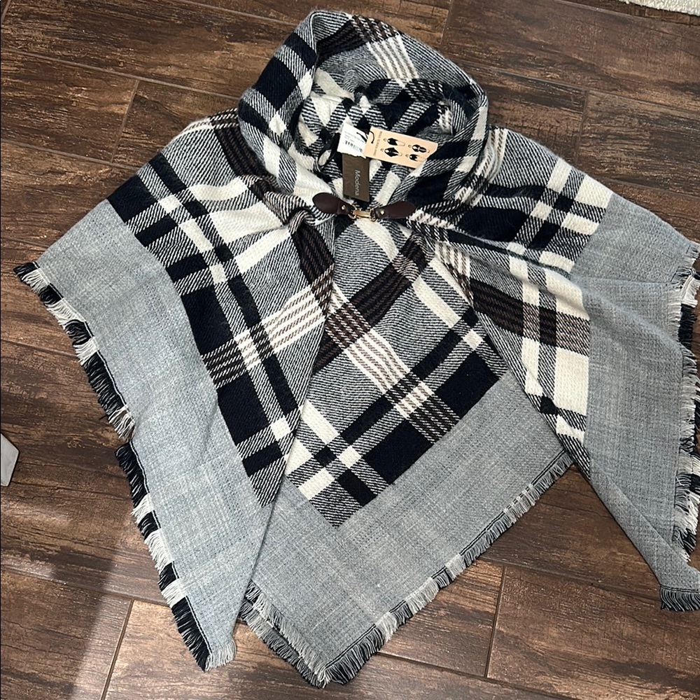 Black and Cream Hooded Cape with Fringed Edges